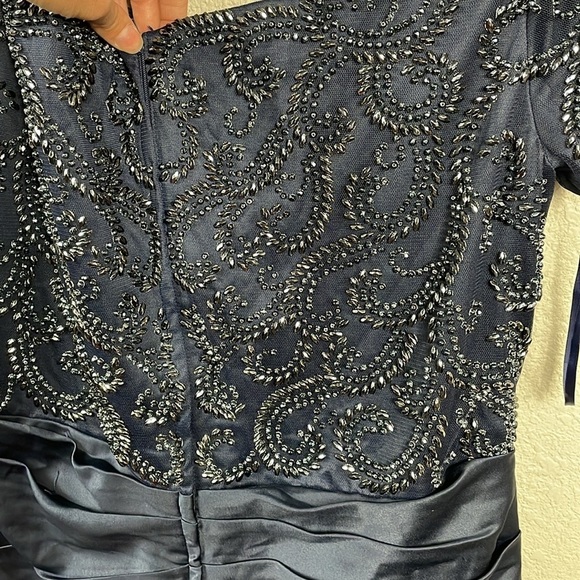 New La Femme Navy Beaded Off the Shoulder Sweetheart Ruched Satin Mermaid Gown - Picture 8 of 13